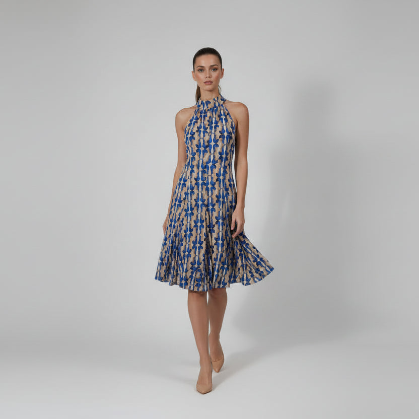 70s PRINTED BLUE SHORT DRESS D1