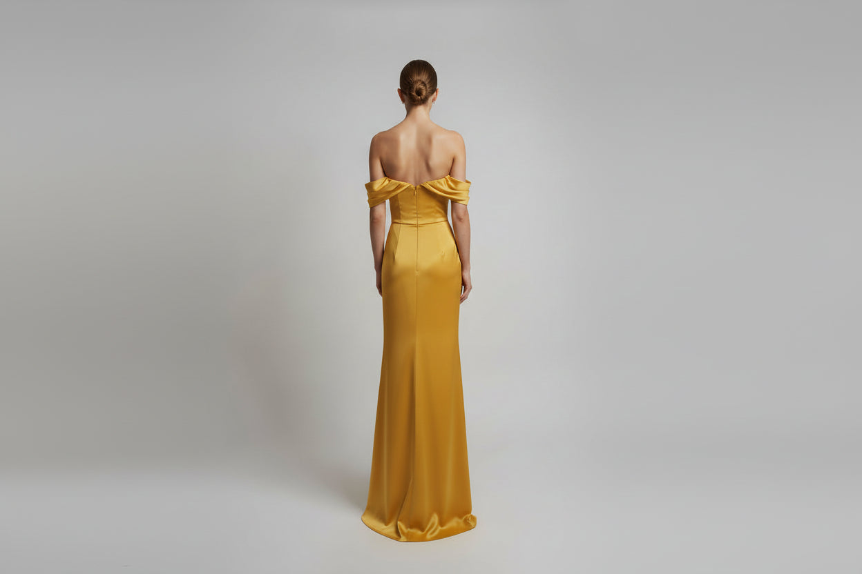 Golden Aura Off-Shoulder Gown