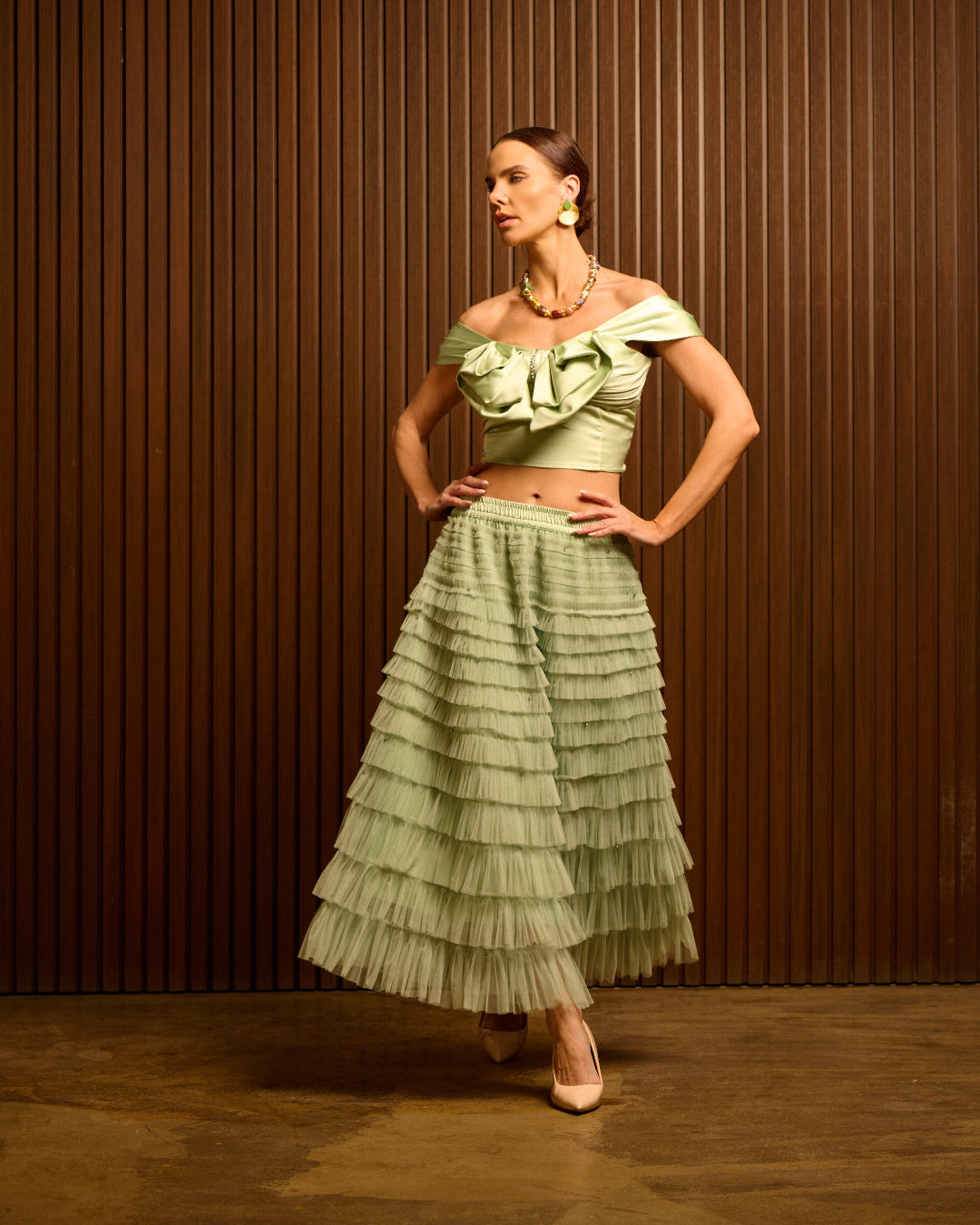 SAGE CASCADE TIERED TULLE SKIRT