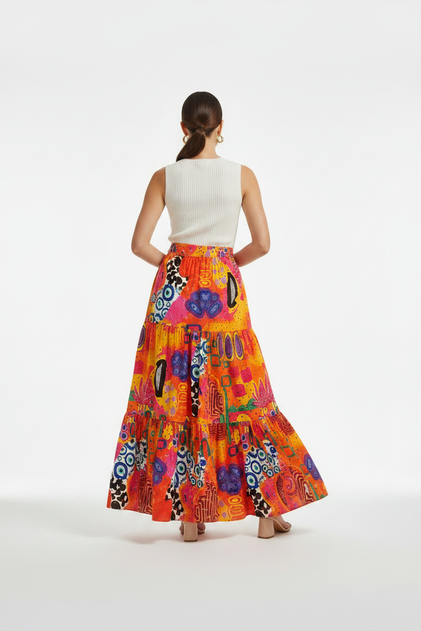 SL- SUNSET MOSAIC TIERED MAXI SKIRT