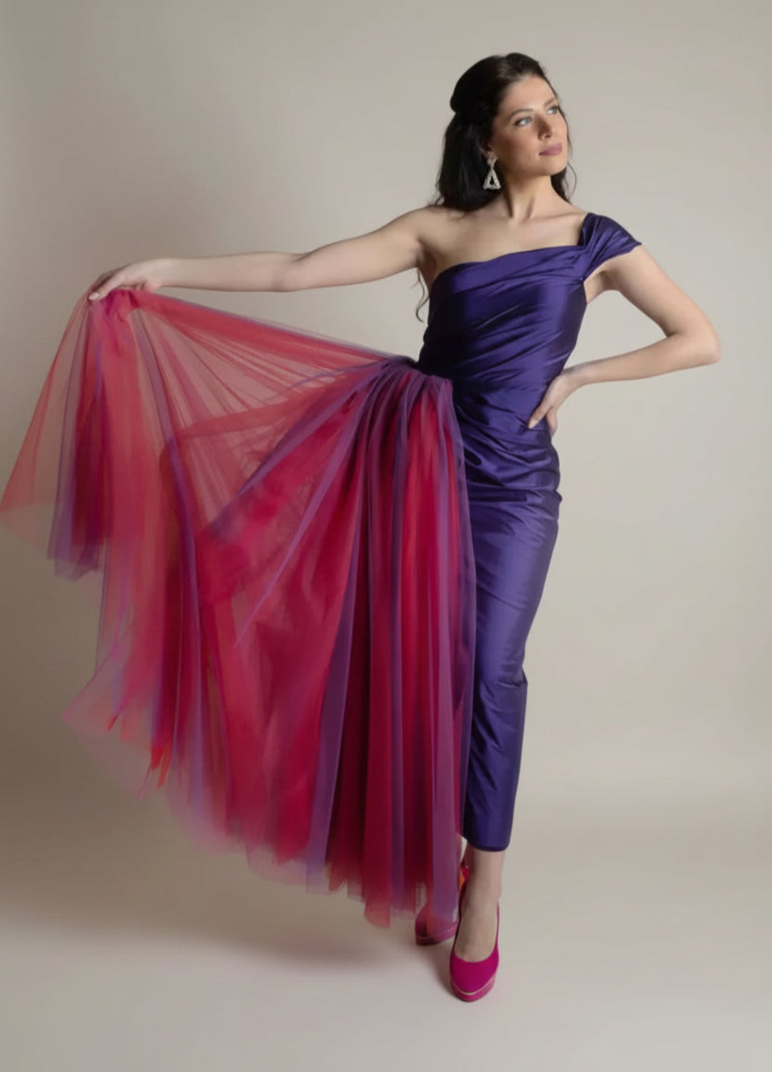 CRIMSON VEIL ONE-SHOULDER GOWN