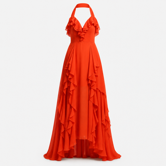SCARLET CASCADE HALTER RUFFLE GOWN