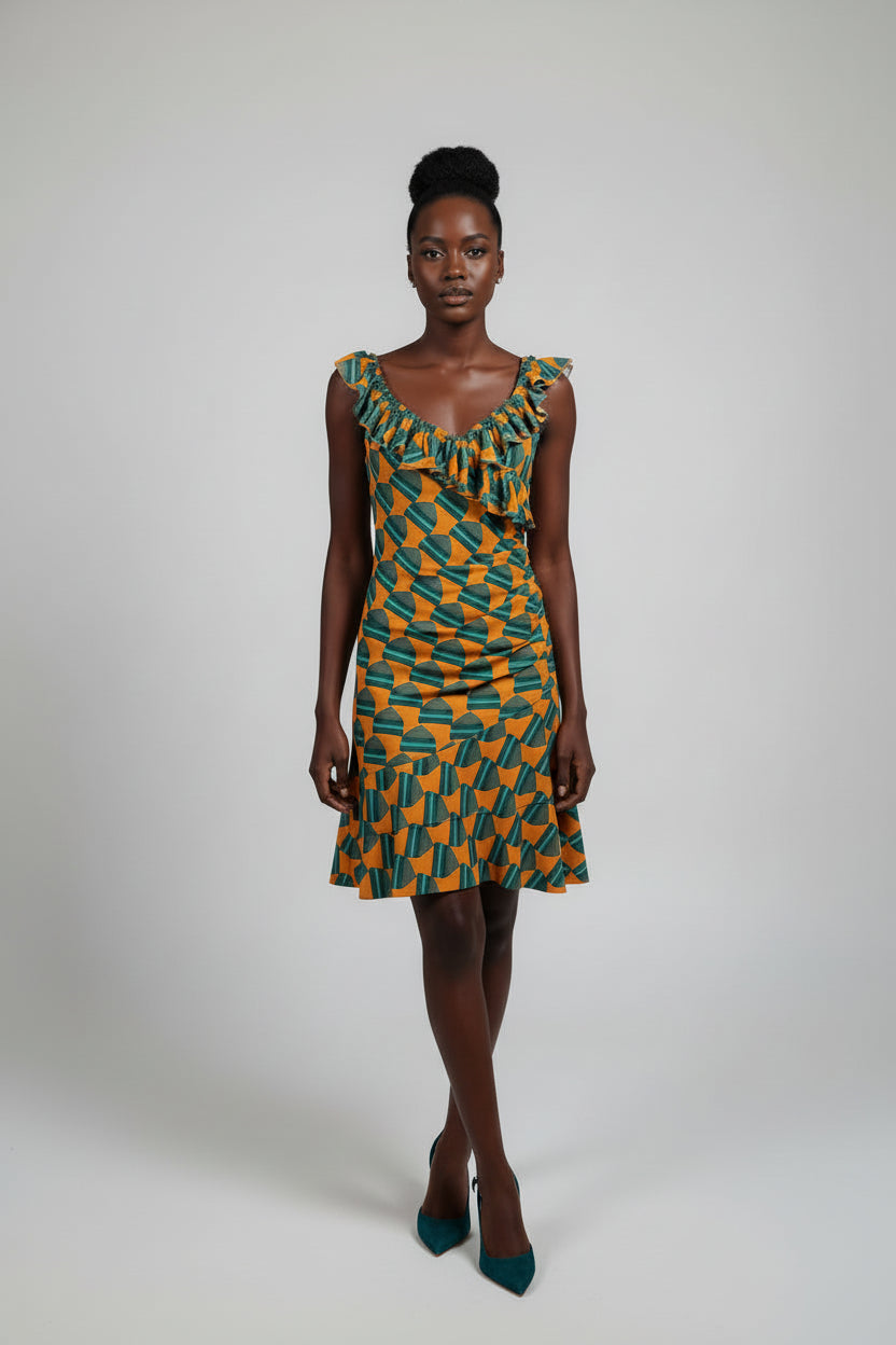 70s PRINTED GREEN DRESS D2