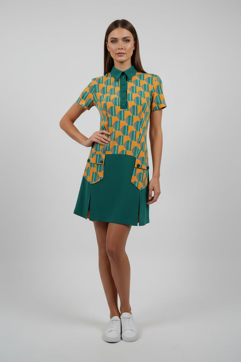 70s PRINTED GREEN DRESS D1