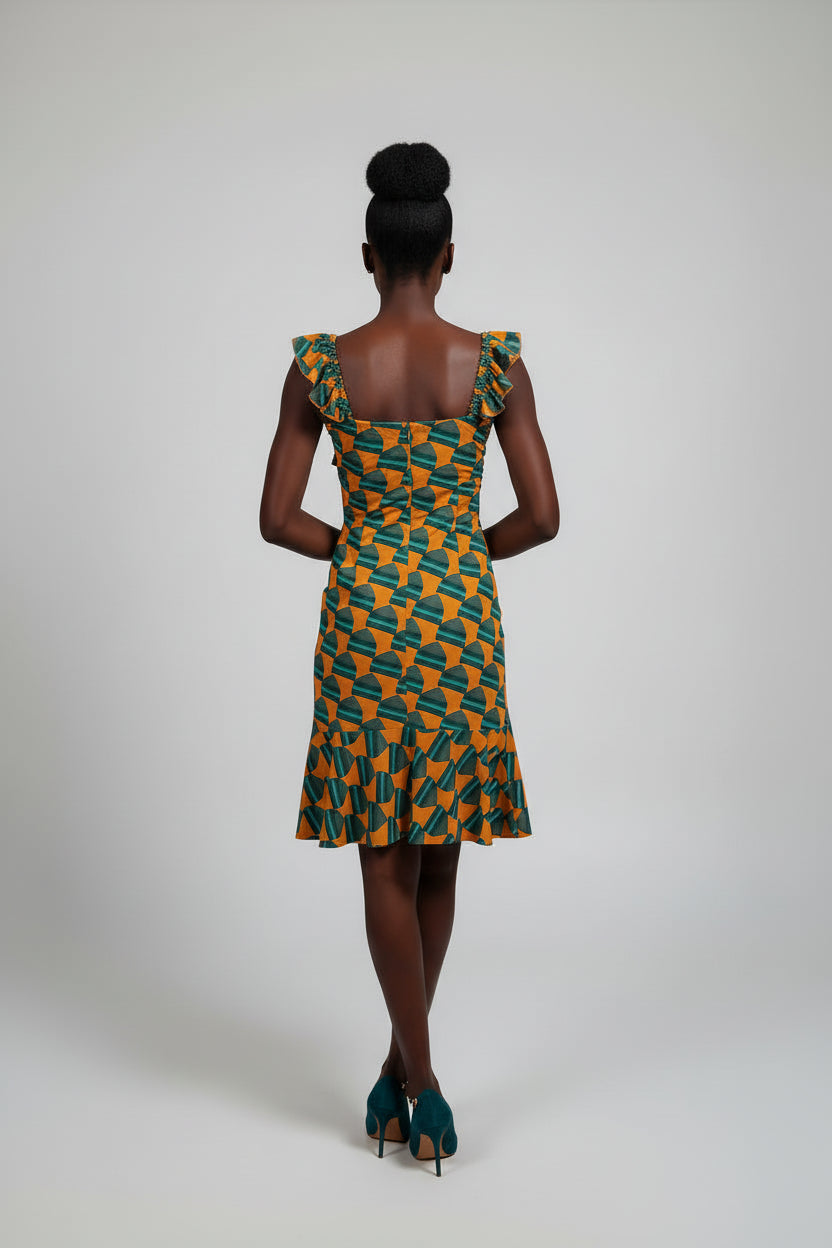 70s PRINTED GREEN DRESS D2