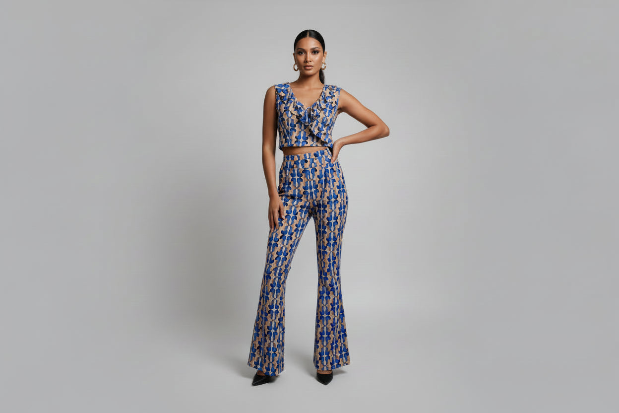 70s PRINTED BLUE CROPPED TOP