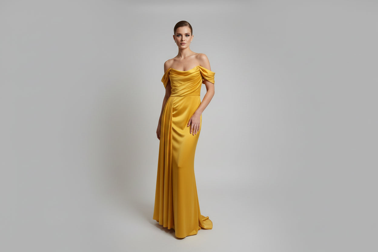 Golden Aura Off-Shoulder Gown
