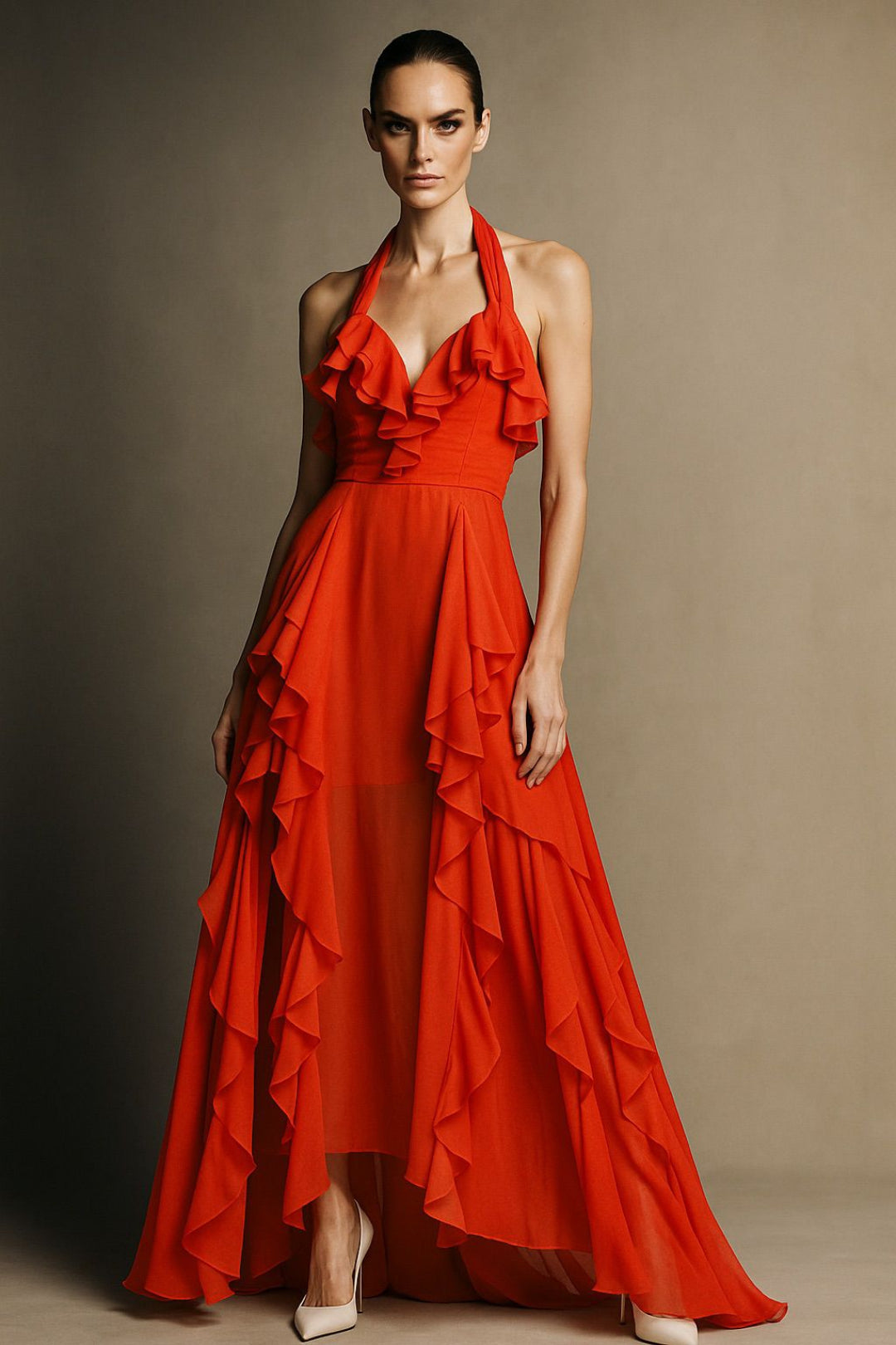 SCARLET CASCADE HALTER RUFFLE GOWN