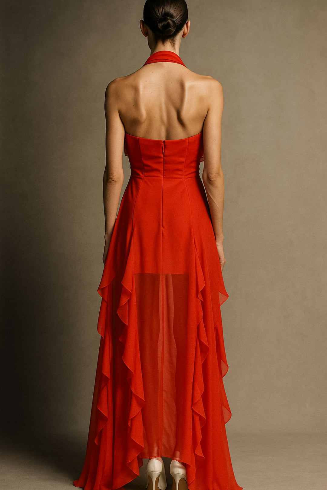 SCARLET CASCADE HALTER RUFFLE GOWN