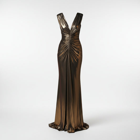 BRONZE GODDESS METALLIC RUCHED MAXI GOWN