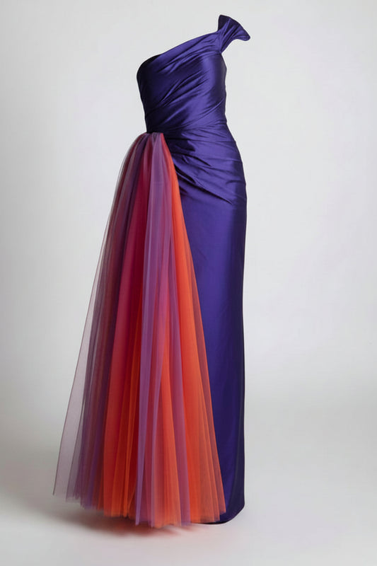 CRIMSON VEIL ONE-SHOULDER GOWN