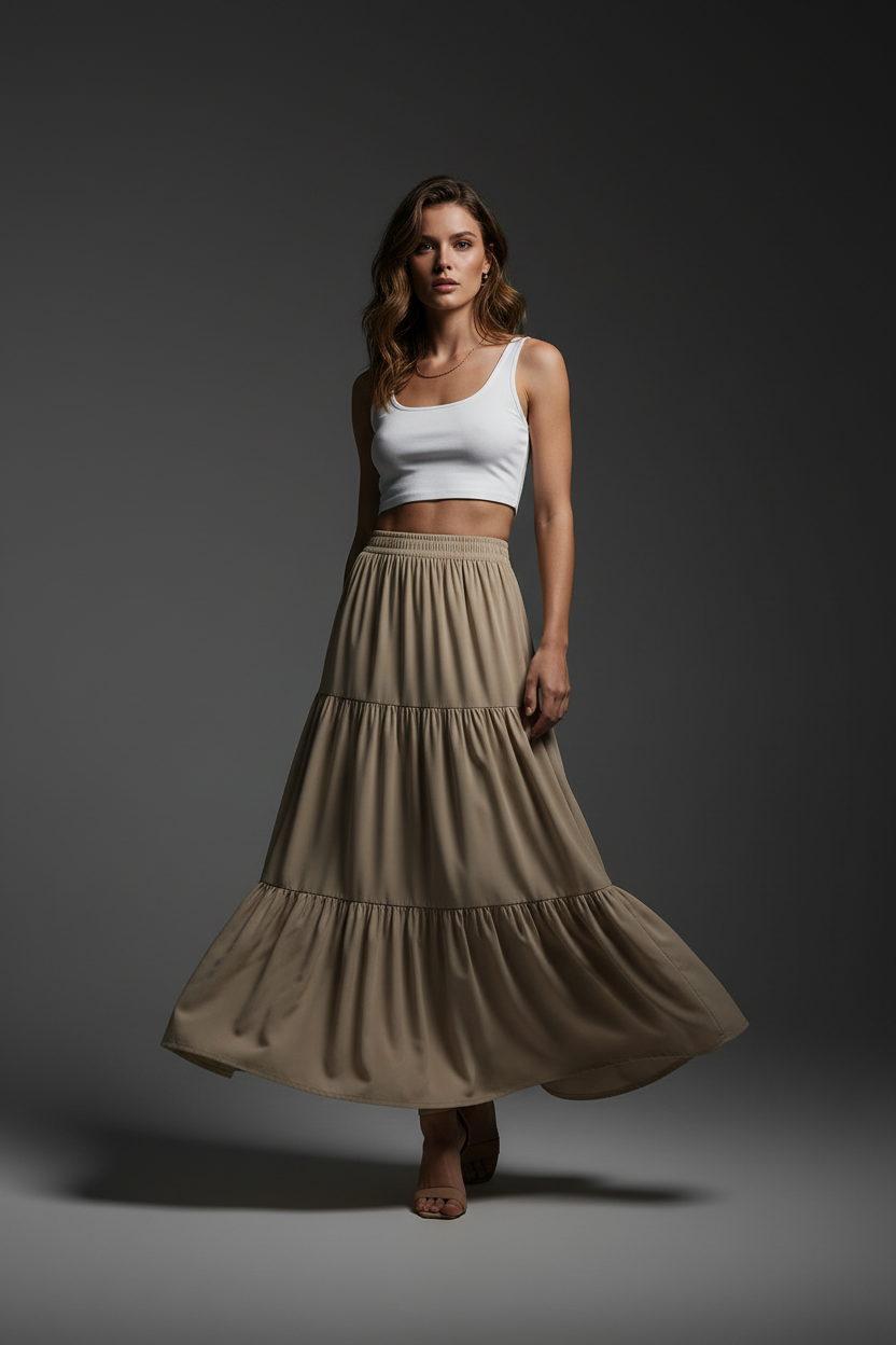 SL-GREY SMOCKED TIERED  MAXI SKIRT