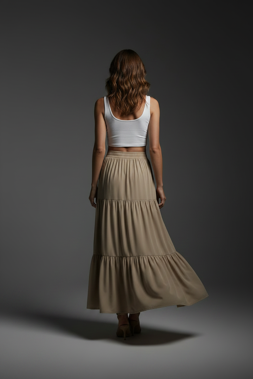SL-GREY SMOCKED TIERED  MAXI SKIRT