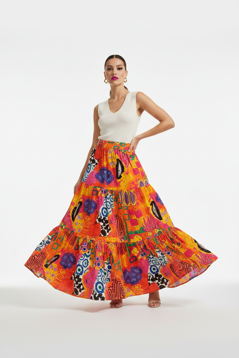SL- SUNSET MOSAIC TIERED MAXI SKIRT