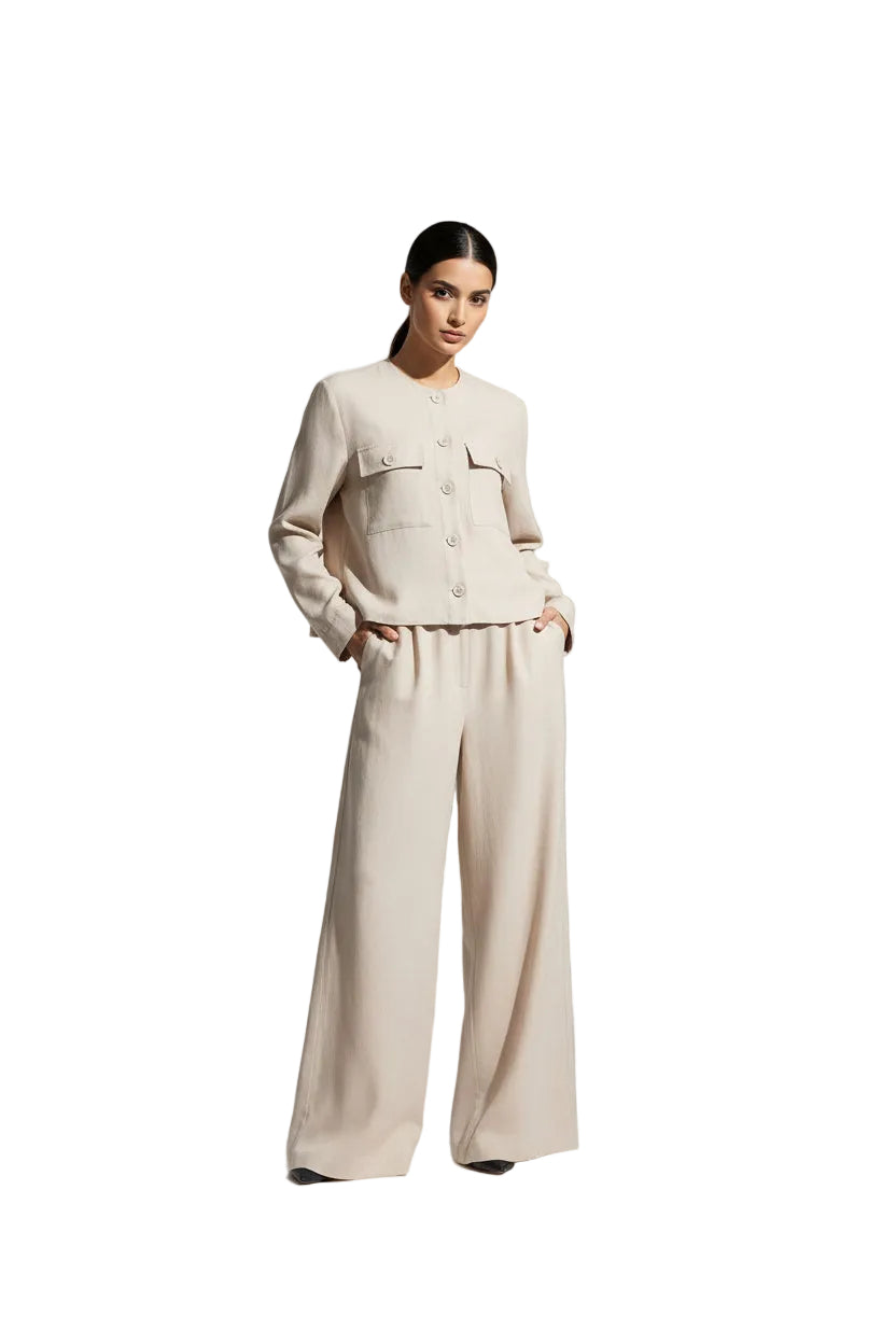 SL-BEIGE  LINEN COLLARLESS POCKET JACKET