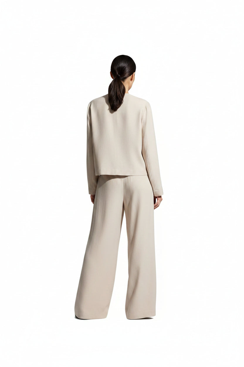 SL-BEIGE  LINEN COLLARLESS POCKET JACKET